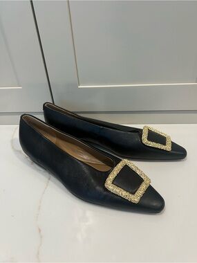 Sam Edelman Black Pointed Toe Women's Flats with Gold Buckle